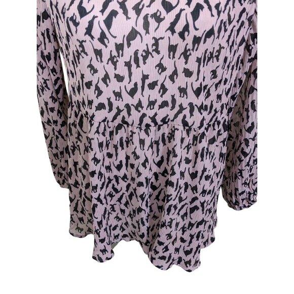 Cat Print Babydoll Top Womens XL Pink Plisse Blouse Long Balloon Sleeve Light - Picture 6 of 9